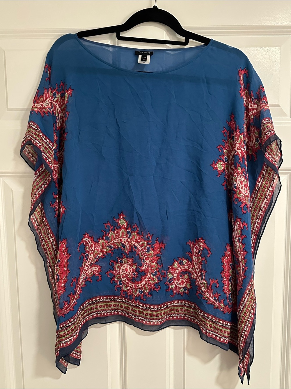 Talbots Blue Paisley-Print Tunic with Red Accents. Size S/M. 100% Silk